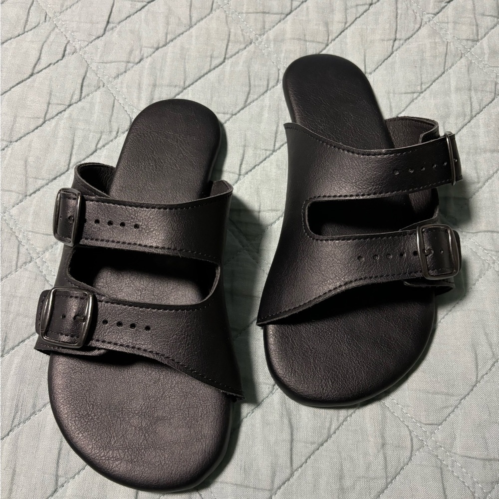Ahinsa Comfort Slip-on Sandals Black Vegan Leather Buckle Sandals